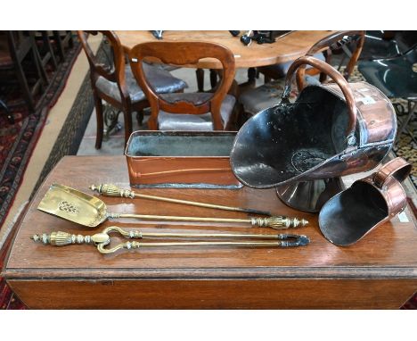 An antique copper coal scuttle, scoop and rectangular planter to/w brass fire tongs, iron and shovel (6)