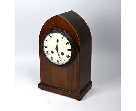 A late 19th/20th century satinwood cased mantel clock, the 8-day two train movement striking on a coiled gong, with white ena