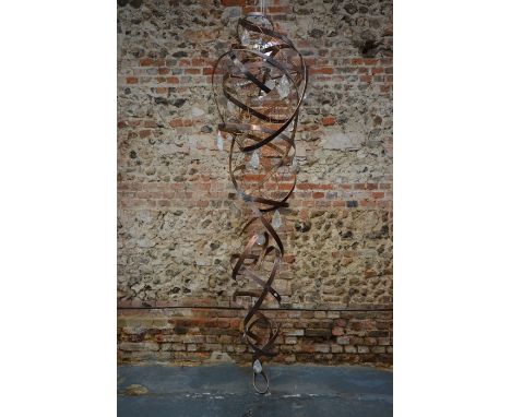 A large bespoke artisan made hanging light fitting, of open spiral forms in copper and crystal hung, overall approx. 200 cm h