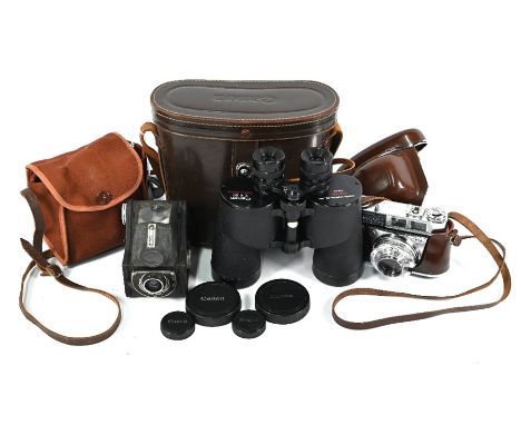 A pair of Canon 7 x 50 binoculars in leather case to/w an Ensign 'Ful-Vue' camera in canvas case and a Kodak Retinette IB cam