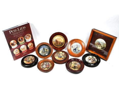 Nine framed Pratt pot-lids to/w the Antique Collector's Club volume 'Pot-Lids' by K V Mortimer