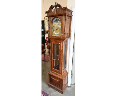 'Emperor Clock Co Ltd' oak and glazed longcase clock with moon phase dial, 210 cm high