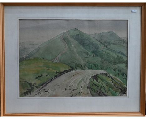 R H Sauter attrib - Hillside landscape, watercolour, 36 x 50 cm