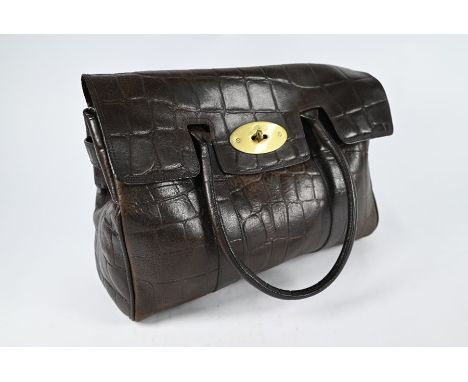 A Mulberry Bayswater handbag in dark brown crocodile print leather, postman's lock closure and brass component finish,&nbsp;l