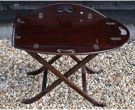 A reproduction Victorian campaign style folding butlers tray on stand to/with a a demi-lune wall shelf (2)