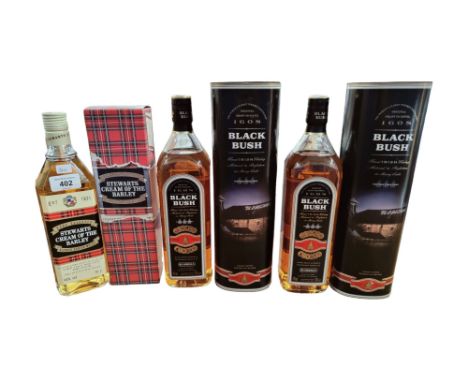 2 X BOTTLES OF BLACK BUSH WHISKEY AND BOTTLE OF STEWARTS  CREAM OF THE BARLEY SCOTCH WHISKY 