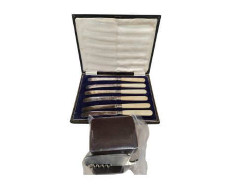 CASED SET BONE HANDLE BUTTER KNIVES &amp; BAG OF CUFFLINKS &amp; CORKSCREW 