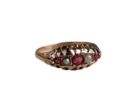 9 CARAT GOLD RUBY &amp; SEED PEARL RING 