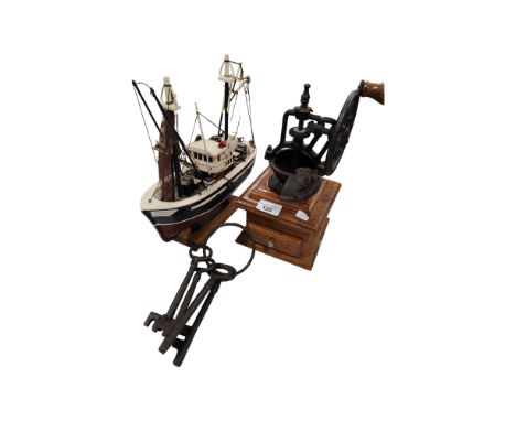 MODEL BOAT, COFFEE GRINDER AND OLD STYLE KEYS 