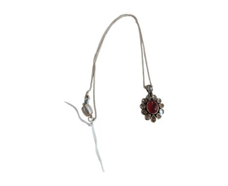 CARVED RUBY &amp; ROSE CUT DIAMOND PENDANT ON CHAIN 