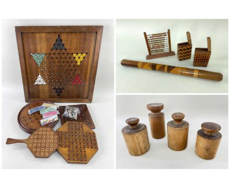 ASSORTED TREEN including Victorian and latter parlour games, travel solitaire with coloured wood pegs, large six-player Halma