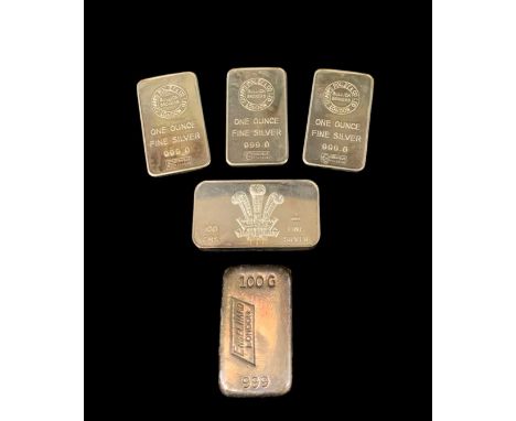 FINE SILVER BARS comprising boxed H. R. H. The Prince of Wales 999 fine silver bar bearing emblem, Ltd Ed No 0781/1000, struc