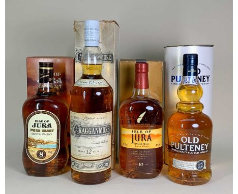 FOUR BOXED BOTTLES OF SCOTCH WHISKY comprising Isle of Jura pure malt scotch whisky, guaranteed 8 years old, Isle of Jura sin