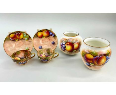 GROUP ROYAL WORCESTER 'FALLEN FRUITS' BONE CHINA, to include pair of miniature tea cups and saucers signed 'Roberts', with de