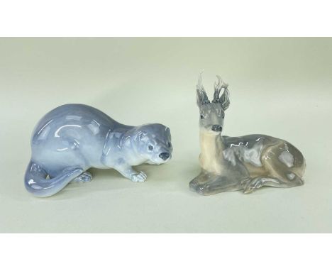 TWO ROYAL COPENHAGEN MODELS OF ANIMALS, comprising a mink, model number '4654', designed by Jeanna Grut, together with a recu
