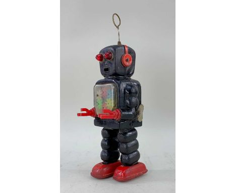 KO YOSHIYA JAPANESE TINPLATE ROBOT, clockwork walking action with transpaent gearing to chest, 27CM HIGH