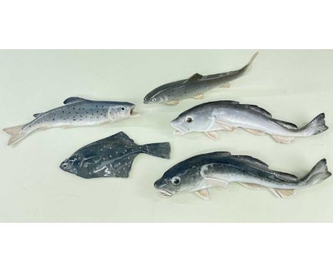 ROYAL COPENHAGEN FISH comprising two cod models numbered 457, trout numbered 369, trout numbered 2676 and a plaice numbered 2