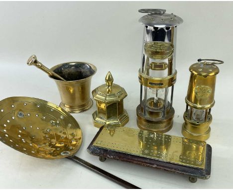 E THOMAS & A WILLIAMS MINER'S LAMP, with inscription to base, together with a smaller reproduction brass miner's lamp, quanti