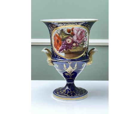 19TH CENTURY TWIN HANDLED PORCELAIN CAMPANA VASE, probably Coalport, cobalt blue ground with tooled gilt decoration and centr