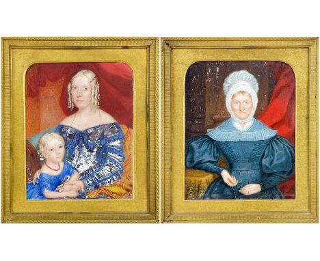 PAIR 19TH CENTURY PORTRAIT MINIATURES, in gilt meatl frames, depicting mother and child, and an elederly lady in white bonnet