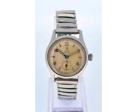 VINTAGE TUDOR OYSTER STAINLESS STEEL WRISTWATCH, probably ref. 4540, champagne dial with arabic numerals alternating with bat
