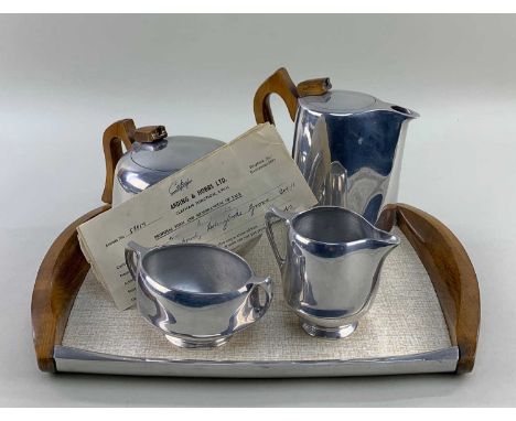 1960's PIQUOT WARE PEWTER TEA SERVICE comprising teapot, hot water jug, cream jug, sugar basin and tray, complete with origin