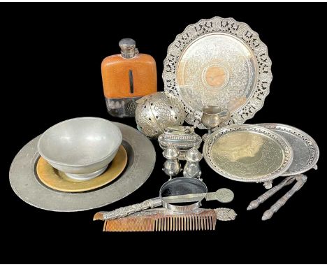 PARCEL OF SILVER &amp; METALWARE to include pair of hallmarked silver cruets, small trophy, together with EPNS and leather hi