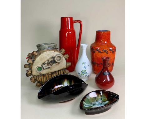 MID CENTURY POTTERY WGP KERAMICS COLLECTION including one Scheurich 275-28 solid red glazed vase 28cm (chip to base), one Soe