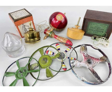 ASSORTED VINTAGE SPINNING TOPS, including coloured metal disk tops, unusual blown glass top, Jake's parachute top game (boxed