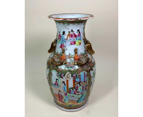 CANTON FAMILLE ROSE PORCELAIN VASE, 19th Century, painted with figural and with insect and flower panels, neck with two gilt 