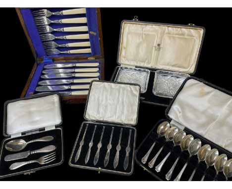 FIVE CASES CUTLERY, FLATWARE &amp; BUTTER DISHES, including set 12 silver teaspoons, 3pc silver Christening set, set 6 silver