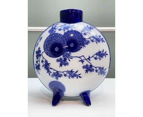 VICTORIAN 'AESTHETIC' STYLE MOON FLASK with blue and white printed floral decoration, with solid loop band to the neck and ed