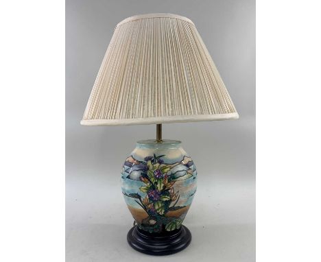 MOORCROFT POTTERY 'ISLA' PATTERN TABLE LAMP, designed by Rachel Bishop, 25cms high together with shade