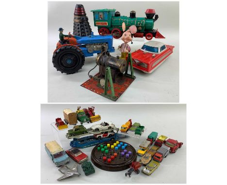 ASSORTED VINTAGE TOYS, including tractor, American locomotive, car, stationary steam engine, and assorted playworn diecast to