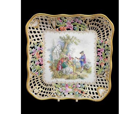 MEISSEN STYLE PORCELAIN DESSERT DISH, shaped square with floral trellis pierced border, centre painted in full with musician 