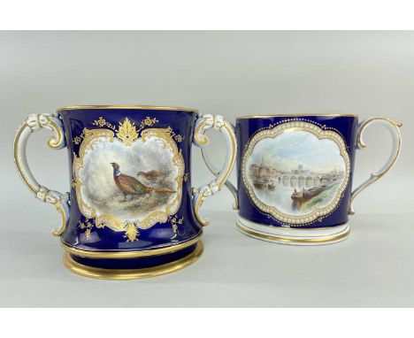 ROYAL WORCESTER LOVING CUP, the cylindrical mug decorated with reserve of pheasant within gilt border, cobalt blue ground, pr