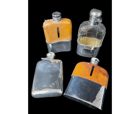 FOUR HIP FLASKS, including George VI silver flask engraved with initials 'JPA', a cut glass and silver mounted flask, and two