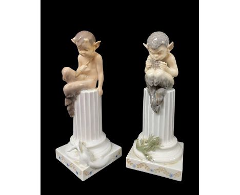 TWO ROYAL COPENHAGEN FIGURES OF FAUNS, comprising 'Faun with Squirrel' numbered 456 and 'Faun with Lizard' numbered 433, both