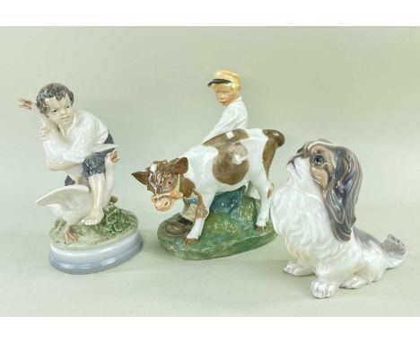 ROYAL COPENHAGEN FIGURES comprising Goose Thief, numbered 2139, Boy with Calf, numbered 772 and a Dahl Jensen Pekingese dog, 