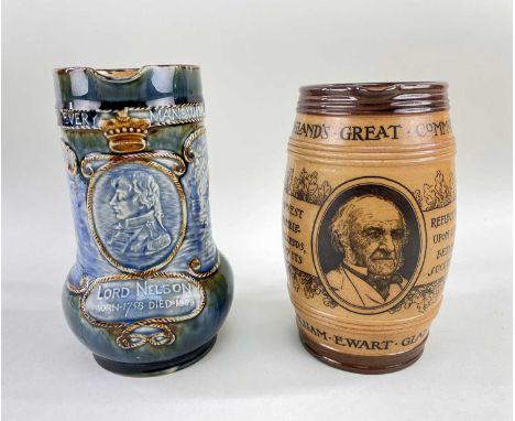 ROYAL DOULTON STONEWARE LORD NELSON JUG, commemorating the 1905 Centenary of the Death of Lord Nelson, moulded with profile p