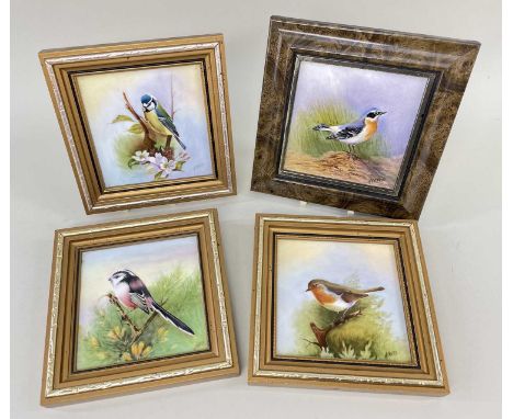 FOUR HAND-PAINTED PORCELAIN SQUARE BIRD PLAQUES, by former Royal Worcester artist Nigel Creed, all 9 x 9cms approx., all sign