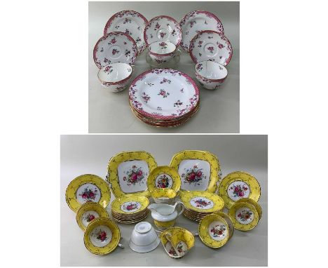 MIXED TEAWARE, to include a Grosvenor china part tea set, yellow and gilt border with centre decorated with pray of flowers, 