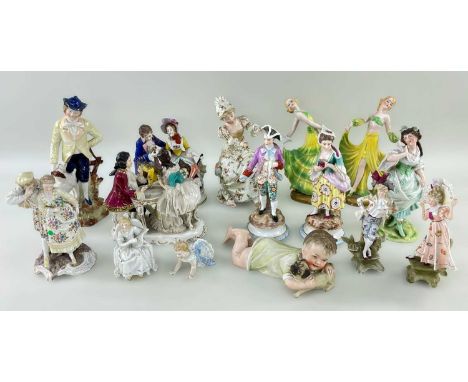 COLLECTION OF MAINLY CONTINENTAL PORCELAIN FIGURINES, including three pairs, together with a bisque piano baby ETC.Provenance