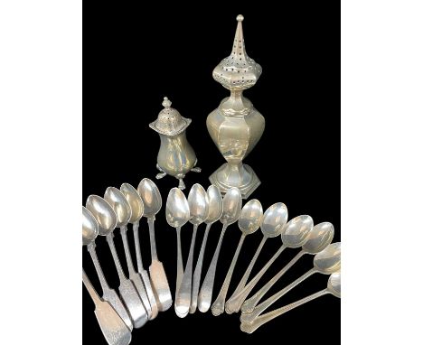 ASSORTED FLATWARE & TABLEWARE including Dutch silver hexagonal baluster caster, 1882, set early Victorian fiddle pattern teas