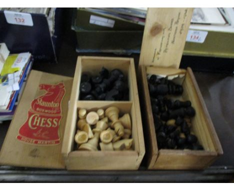 TWO WOODEN BOXES CONTAINING CHESS SET PIECES, ONE WITH STAUNTON BOXWOOD CHEST ON OUTSIDE COVER