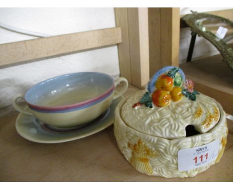 CLARICE CLIFF CELTIC HARVEST CIRCULAR BOWL AND COVER, TOGETHER WITH A FURTHER CLARICE CLIFF SOUP BOWL AND STAND