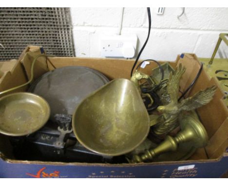BOX OF MIXED METAL WARES, BRASS CANDLESTICKS, BRASS MODEL OF AN EAGLE, SET OF SCALES ETC