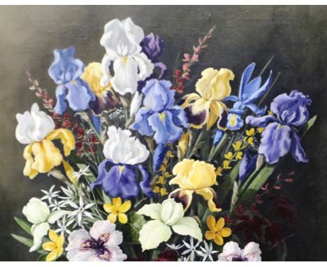 R Barrington (20th century): oil on canvas, floral arrangement with mallard ornament, 39 x 45 cm. Not available for in-house 