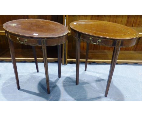 Pair of Edwardian inlaid mahogany lamp tables, each with single drawer and oval top raised on tapered supports, 67 x 45 x 73 