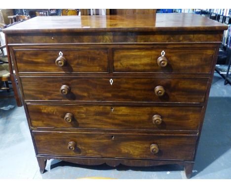 George III/IV mahogany chest of two short above three on drawers with bone escutcheons and raised on bracket feet, 123 x 55 x